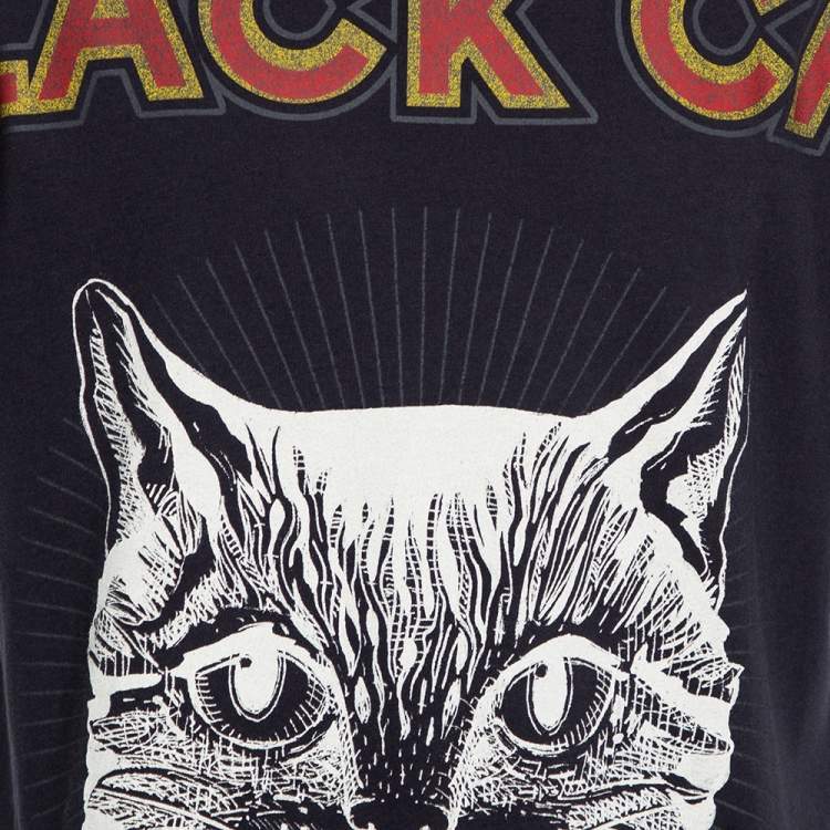 Pre Owned Gucci Grey Black Cat Blind For Love Print Cotton Short Sleeve T-Shirt M