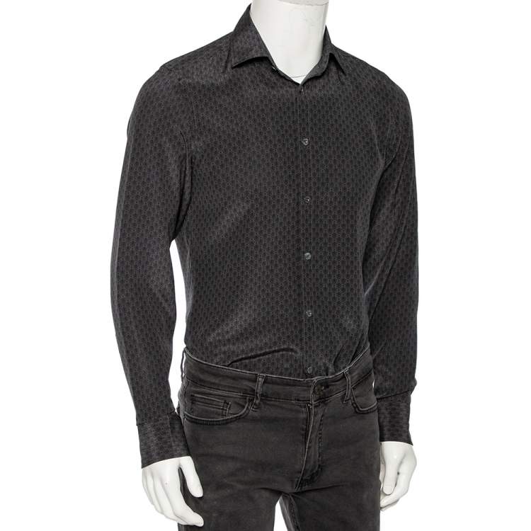 Pre Owned Gucci Charcoal Grey Printed Silk Button Front Shirt S