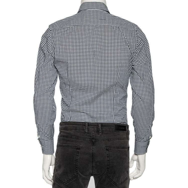 Pre Owned Gucci Blue Logo Checked Cotton Slim Fit Shirt S