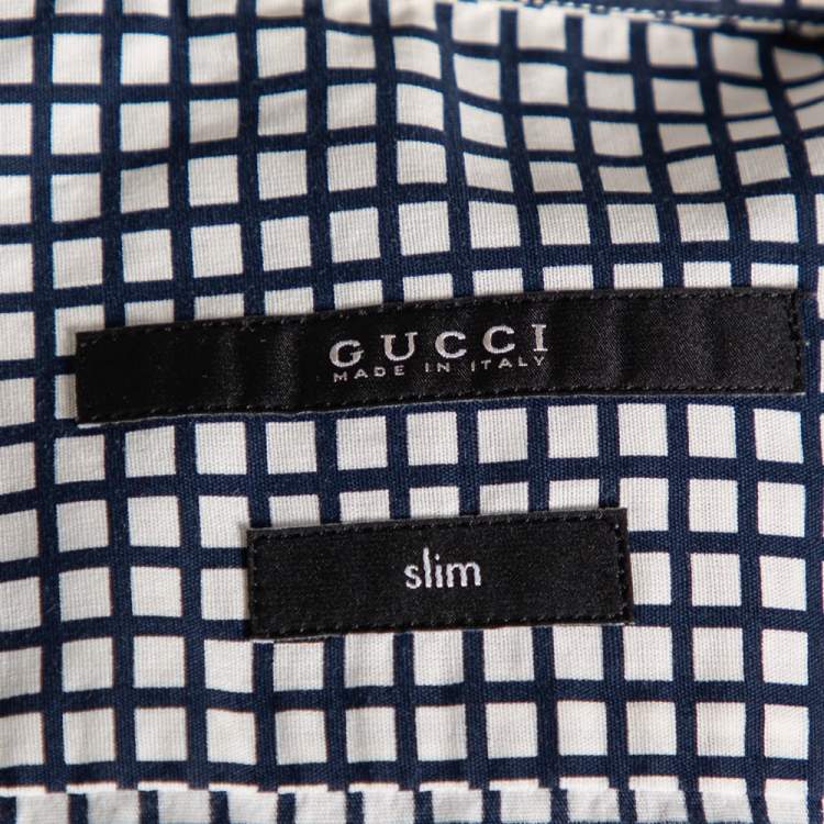 Pre Owned Gucci Blue Logo Checked Cotton Slim Fit Shirt S