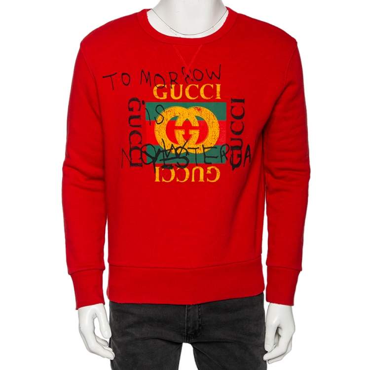 Gucci Red Tomorrow Is Yesterday Logo Printed Crewneck Sweatshirt XS | TLC