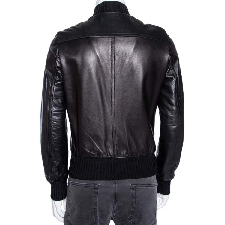 Pre Owned Gucci Black Leather & Rib Knit Trimmed Button Front Jacket S