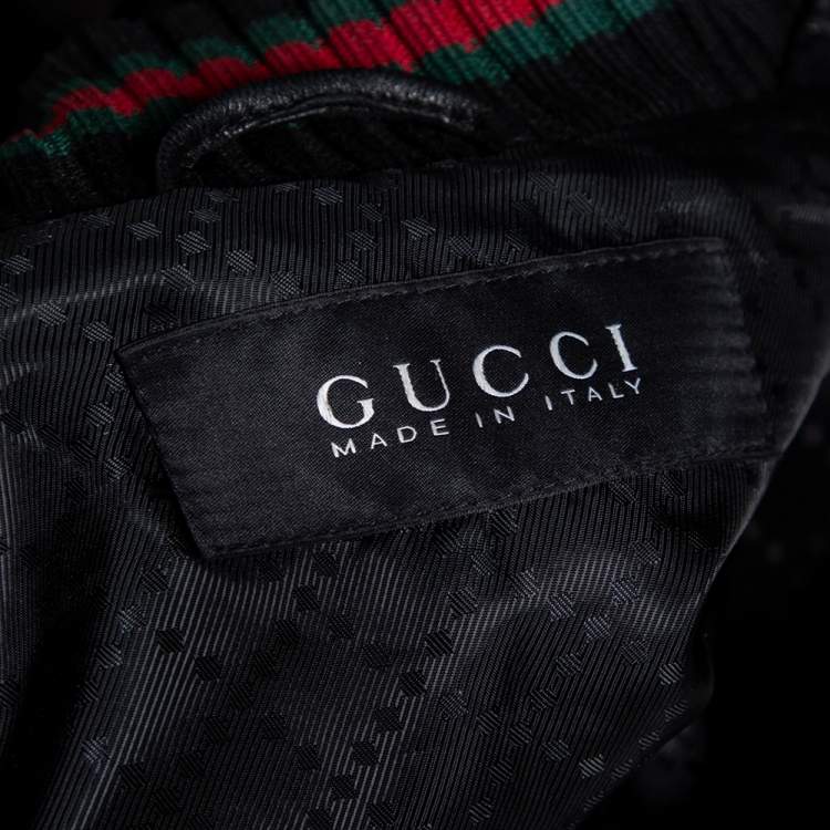 Pre Owned Gucci Black Leather & Rib Knit Trimmed Button Front Jacket S