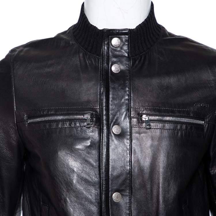 Pre Owned Gucci Black Leather & Rib Knit Trimmed Button Front Jacket S
