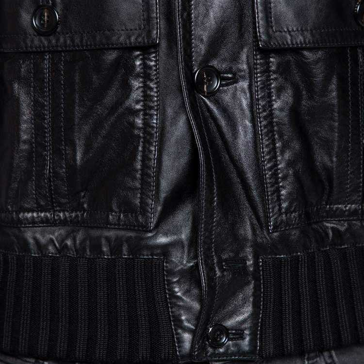 Pre Owned Gucci Vintage Black Leather & Rib Knit Trimmed Button Front Jacket S