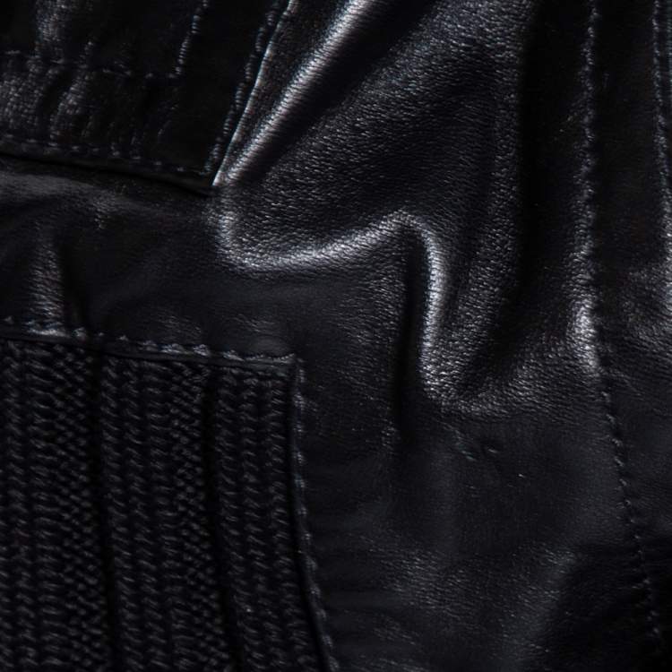 Pre Owned Gucci Vintage Black Leather & Rib Knit Trimmed Button Front Jacket S