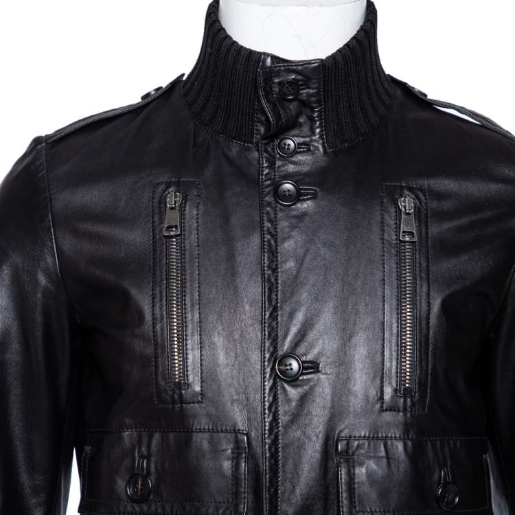 Pre Owned Gucci Vintage Black Leather & Rib Knit Trimmed Button Front Jacket S