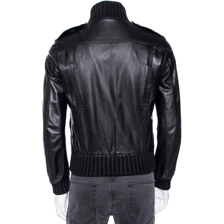 Pre Owned Gucci Vintage Black Leather & Rib Knit Trimmed Button Front Jacket S
