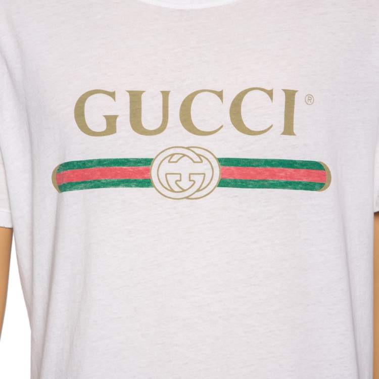 Pre Owned Gucci White Logo Printed Cotton Short Sleeve T-Shirt L
