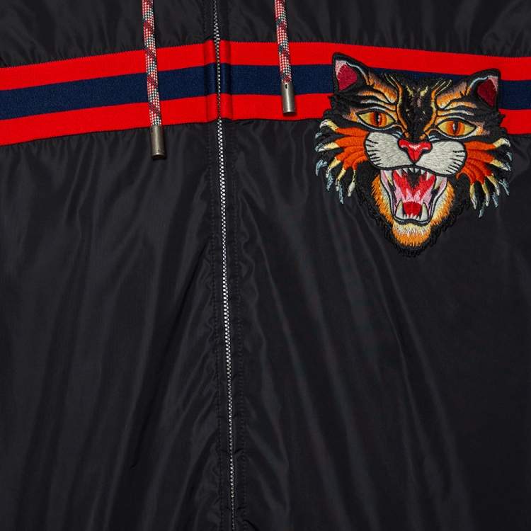 Pre Owned Gucci Black Synthetic Feline Detailed Web Stripe Trimmed Jacket XL