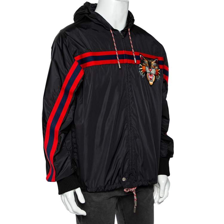 Pre Owned Gucci Black Synthetic Feline Detailed Web Stripe Trimmed Jacket XL