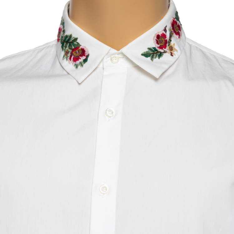 Pre Owned Gucci White Cotton Embroidered Collar Button Front Slim Fit Shirt L