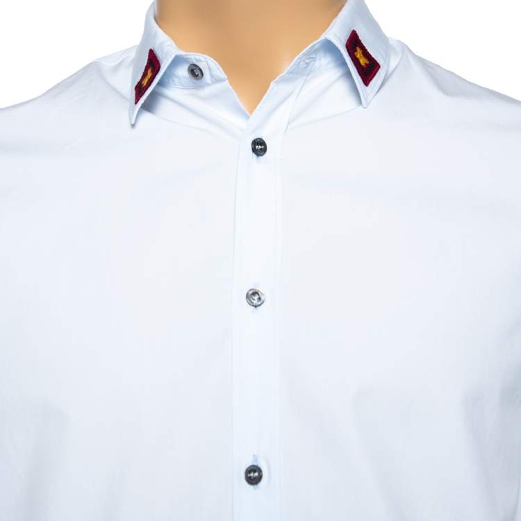 Pre Owned Gucci Light Blue Cotton Bee Applique Collar Detail Shirt M