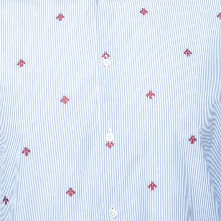 مملوكة مسبقًا Gucci Blue Striped Bee Embroidered Cotton Cambridge Button Front Shirt M