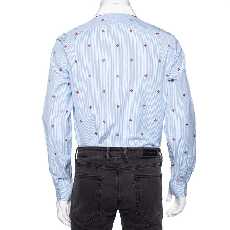مملوكة مسبقًا Gucci Blue Striped Bee Embroidered Cotton Cambridge Button Front Shirt M
