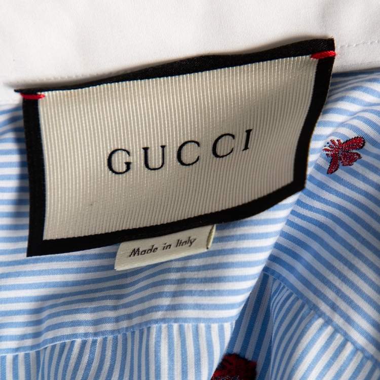 مملوكة مسبقًا Gucci Blue Striped Bee Embroidered Cotton Cambridge Button Front Shirt M