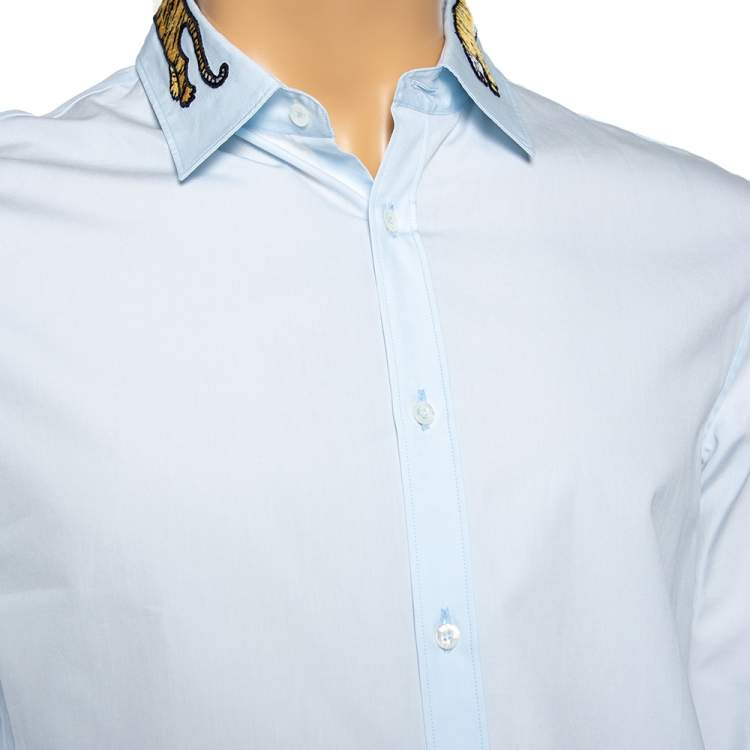 Pre Owned Gucci Light Blue Cotton Tiger Applique Collar Detail Shirt M
