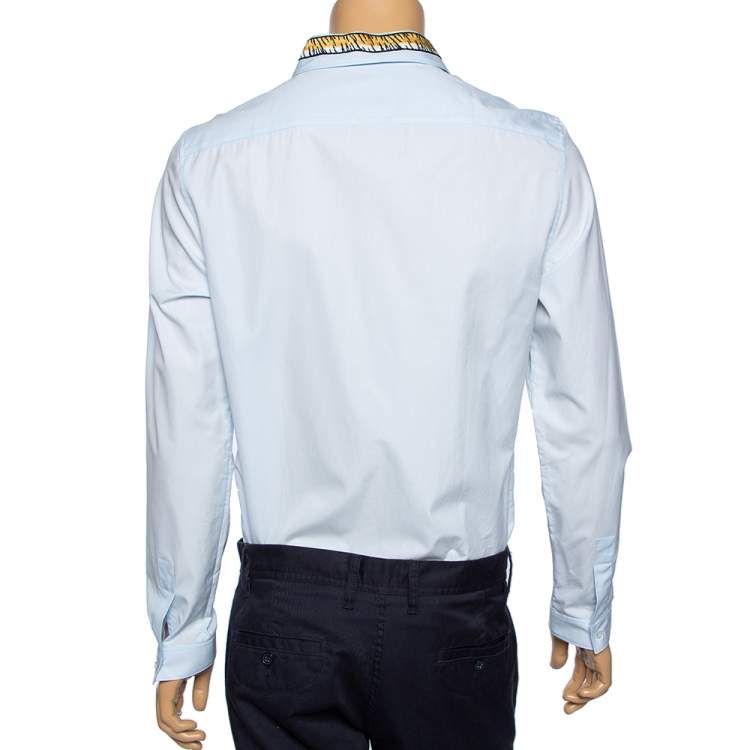 Pre Owned Gucci Light Blue Cotton Tiger Applique Collar Detail Shirt M