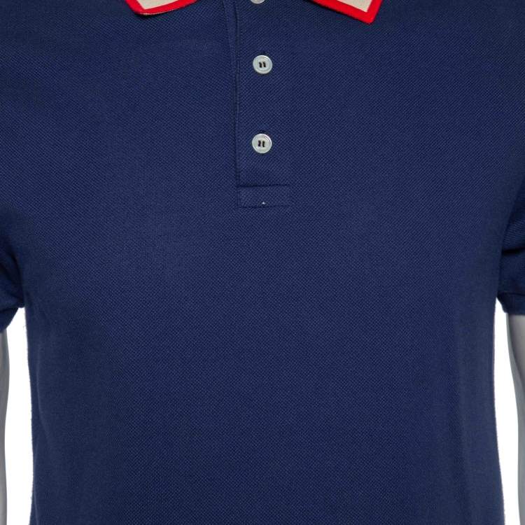 Pre Owned Gucci Blue Cotton Pique Web Stripe Logo Trimmed Polo T-Shirt L