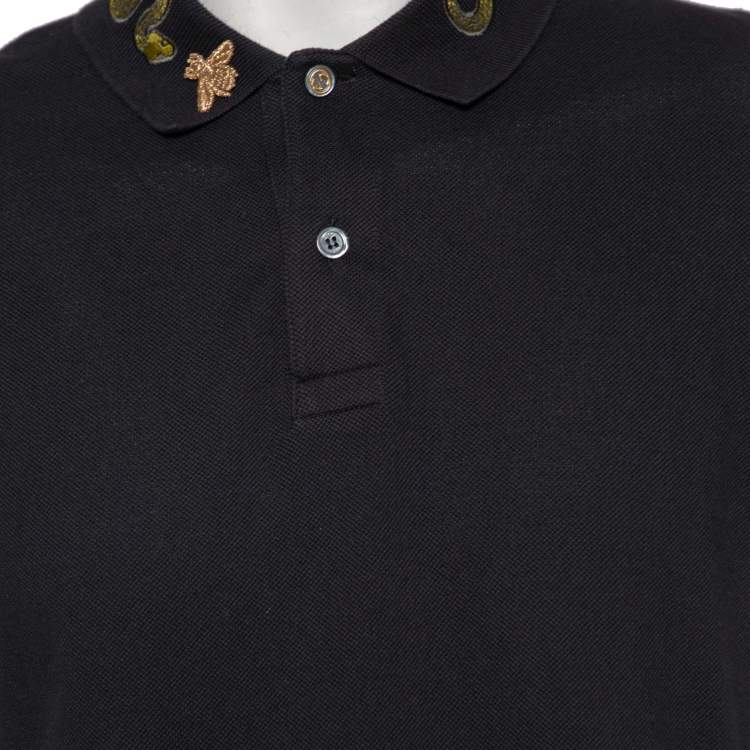 Pre Owned Gucci Black Cotton Pique Embroidered Collar Detailed Polo T-Shirt L