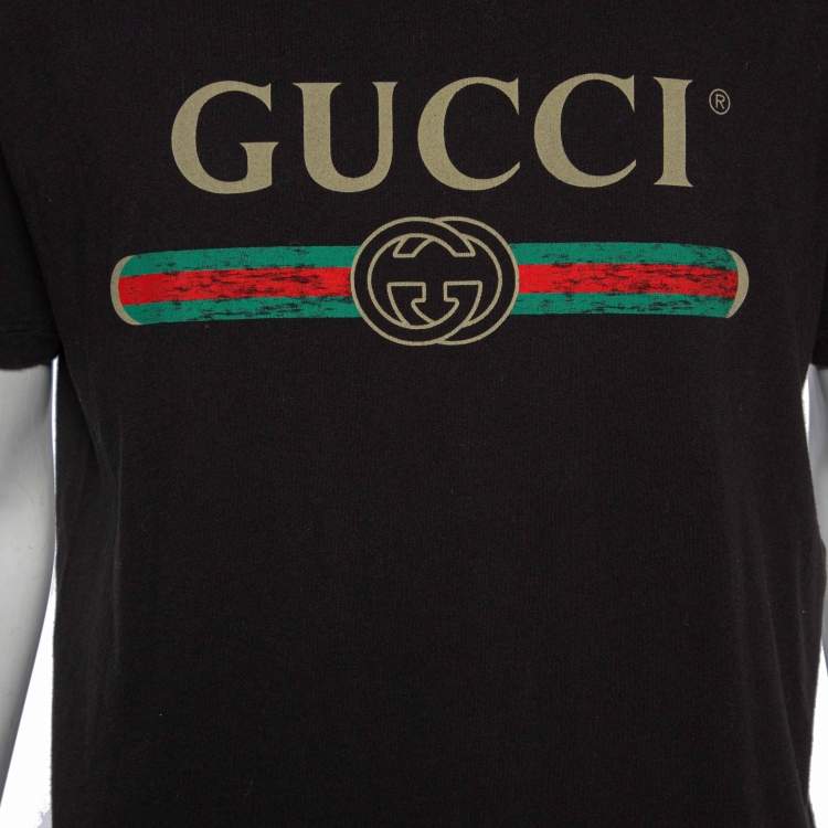 Pre Owned Gucci Black Logo Print Washed Cotton Distressed Effect T-Shirt M