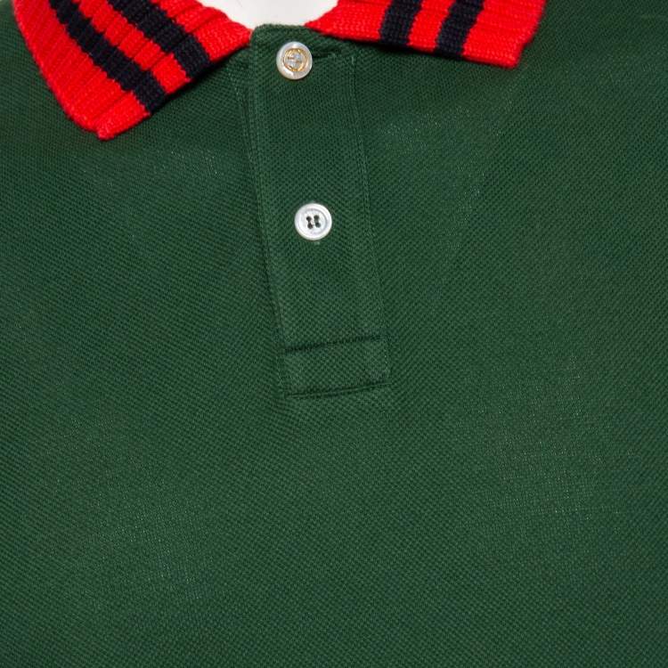 Pre Owned Gucci Green Cotton Pique & Rib Knit Trimmed Polo T-Shirt L