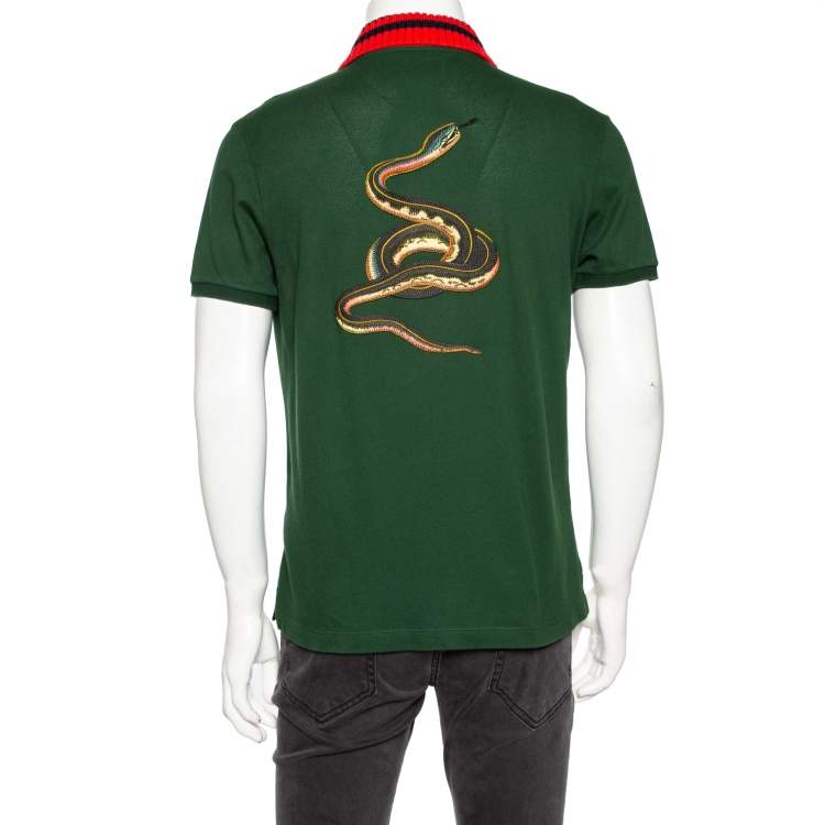 Pre Owned Gucci Green Cotton Pique & Rib Knit Trimmed Polo T-Shirt L