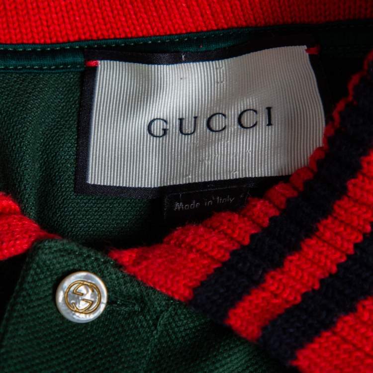 Pre Owned Gucci Green Cotton Pique & Rib Knit Trimmed Polo T-Shirt L