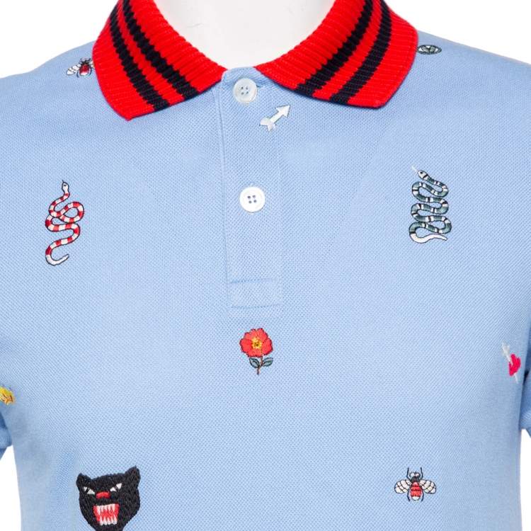 Pre Owned Gucci Blue Cotton Pique Embroidered Motif Polo T-Shirt L