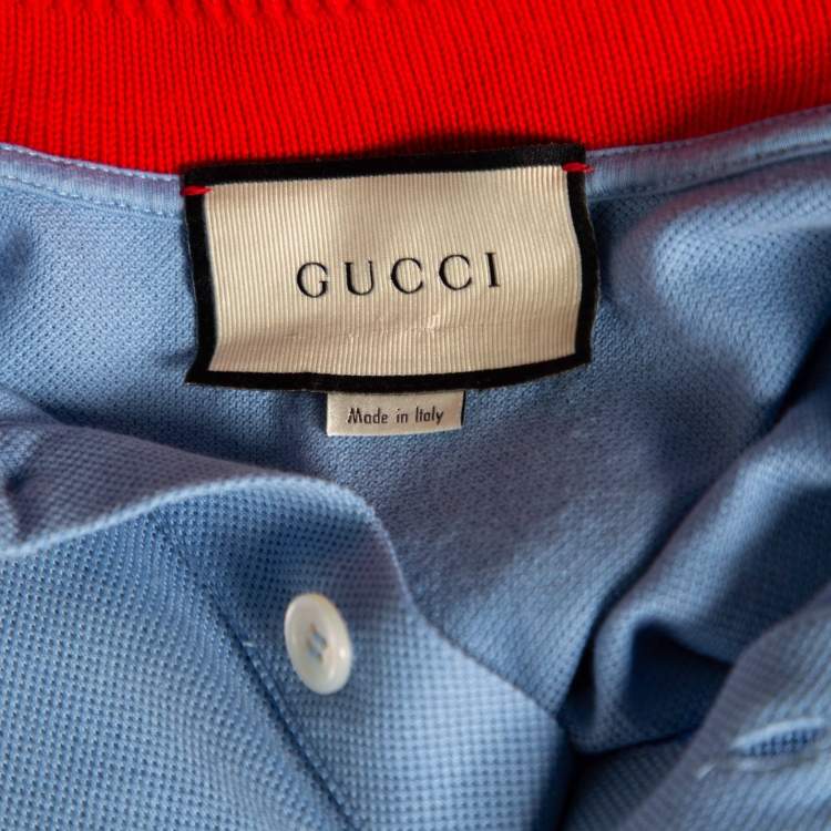 Pre Owned Gucci Blue Cotton Pique Embroidered Motif Polo T-Shirt L