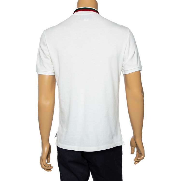 Pre Owned Gucci White Cotton Pique Embroidered Collar Detail Polo T-Shirt L