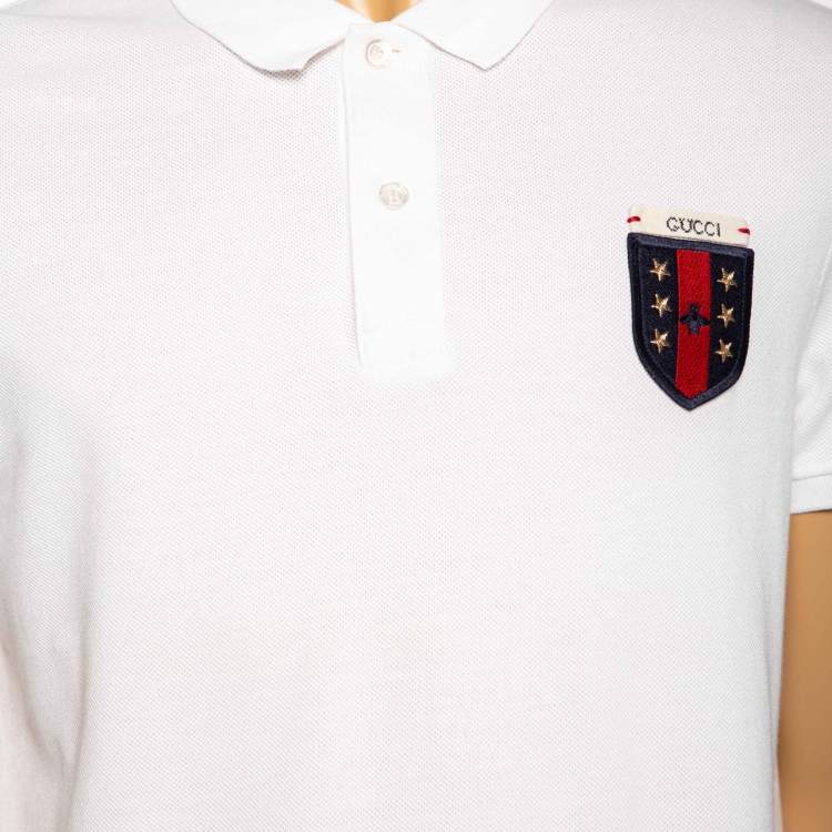 Pre Owned Gucci White Cotton Pique Logo Patch Detail Polo T-Shirt L