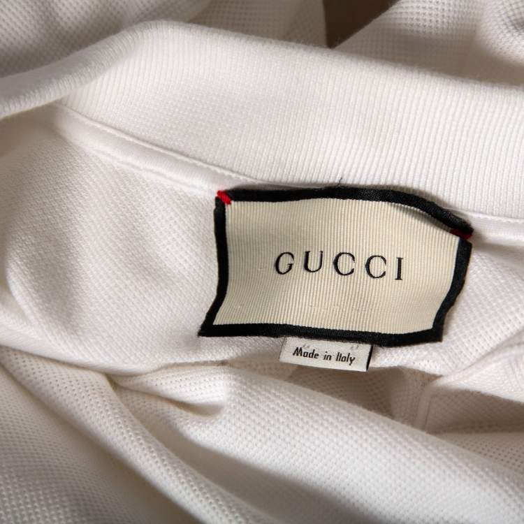 Pre Owned Gucci White Cotton Pique Logo Patch Detail Polo T-Shirt L