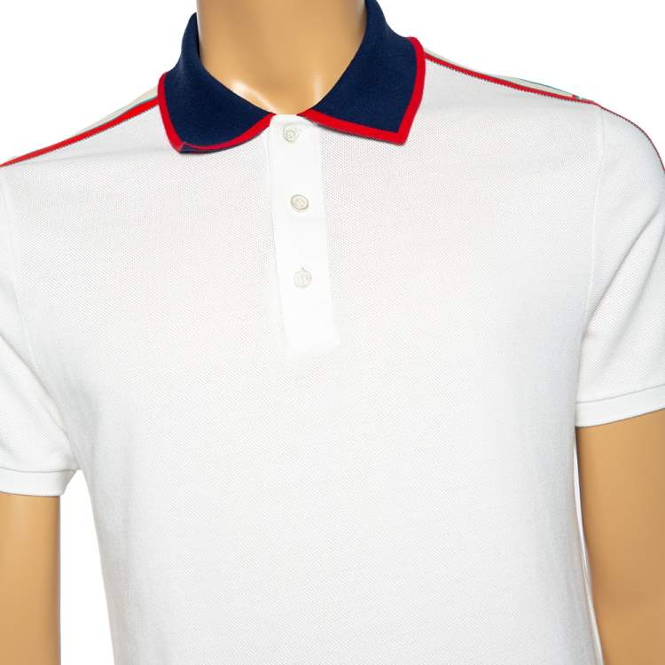 Pre Owned Gucci White Cotton Pique Contrast Collar Logo Strip Detail Polo T-Shirt L