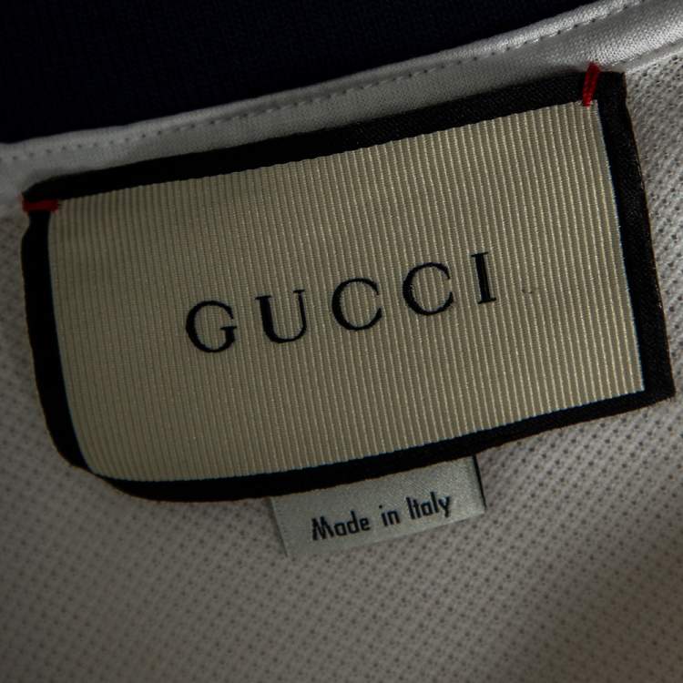 Pre Owned Gucci White Cotton Pique Contrast Collar Logo Strip Detail Polo T-Shirt L