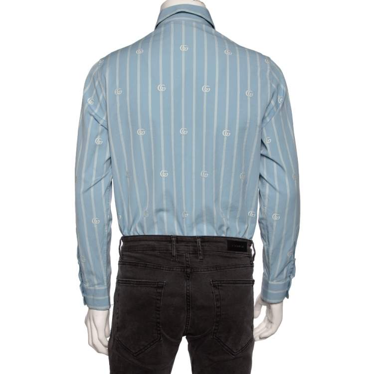 Pre Owned Gucci Blue GG Striped Cotton Button Front Shirt M