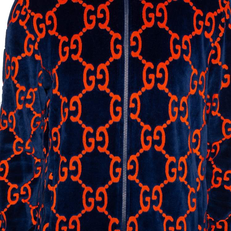 مملوكة مسبقًا Gucci Navy Blue & Orange Monogram Chenille Zip Front Jacket L