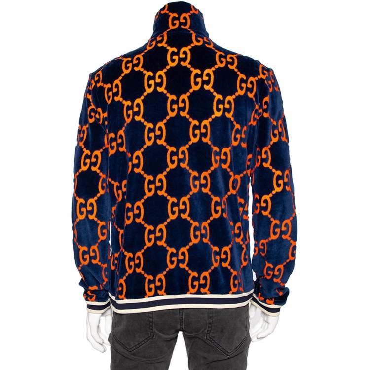 مملوكة مسبقًا Gucci Navy Blue & Orange Monogram Chenille Zip Front Jacket L