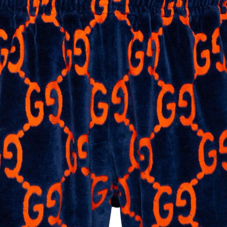 Pre Owned Gucci Navy Blue & Orange Logo Devore Sweatpants L