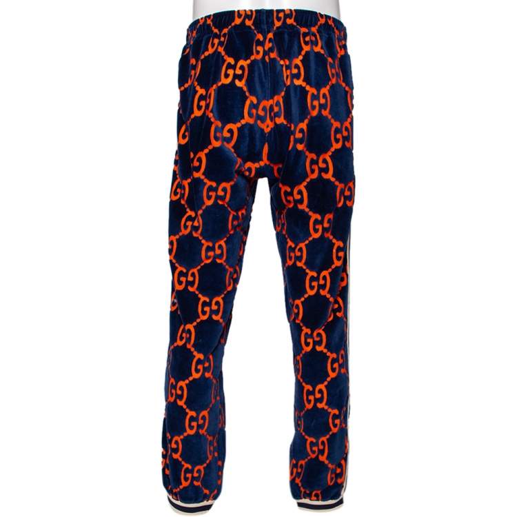 Pre Owned Gucci Navy Blue & Orange Logo Devore Sweatpants L