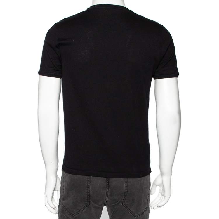 Pre Owned Gucci Black Cotton Knit Web Stripe Detail V-Neck t-Shirt L