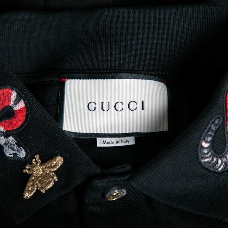 Pre Owned Gucci Black Stretch Cotton Snake Embroidered Polo T-Shirt M