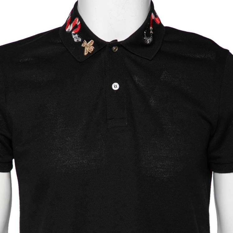 Pre Owned Gucci Black Stretch Cotton Snake Embroidered Polo T-Shirt M