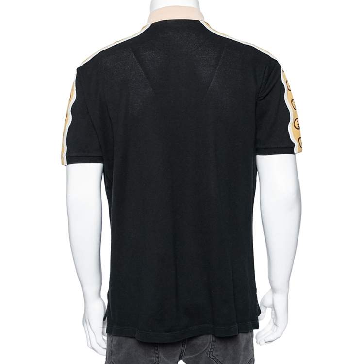 Pre Owned Gucci Black Cotton Pique Interlocking G Stripe Trimmed Polo T-Shirt XL