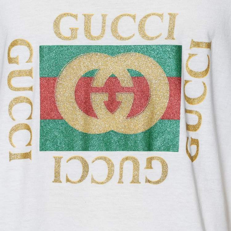 Pre Owned Gucci White Cotton Logo Printed Crewneck T-Shirt M