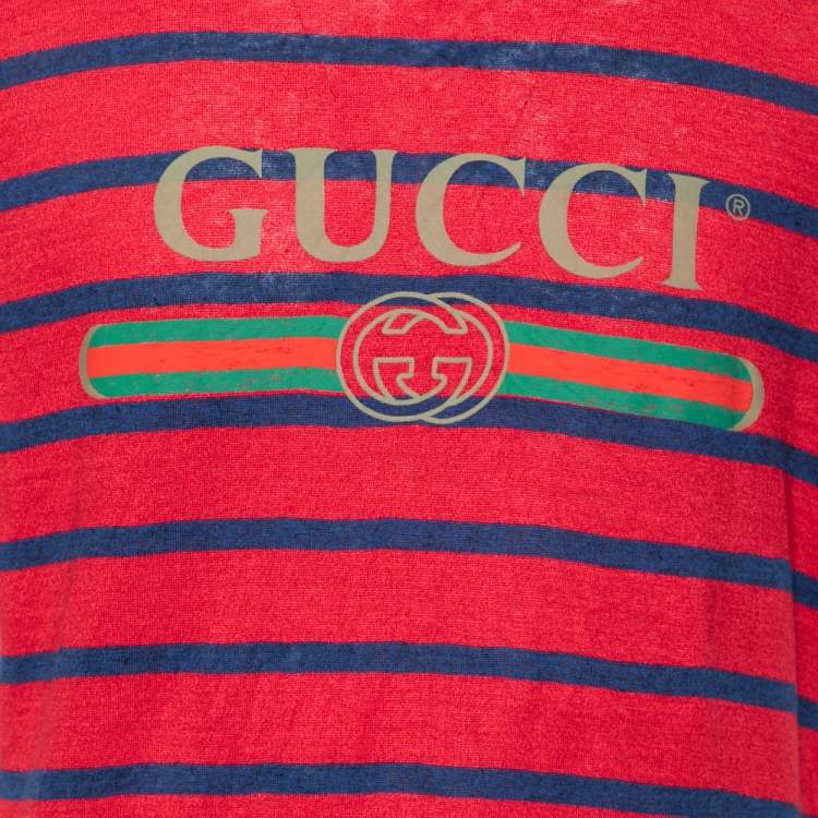 Pre Owned Gucci Red & Blue Striped Linen Knit Logo Printed Oversized T-Shirt XS