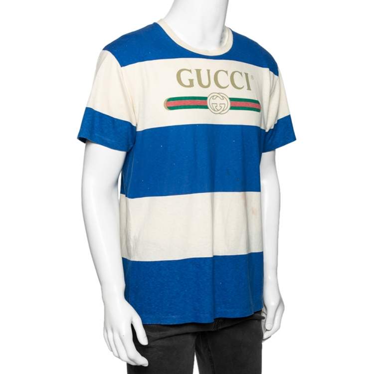 Gucci White Blue Striped Logo Printed Cotton T Shirt S Gucci TLC