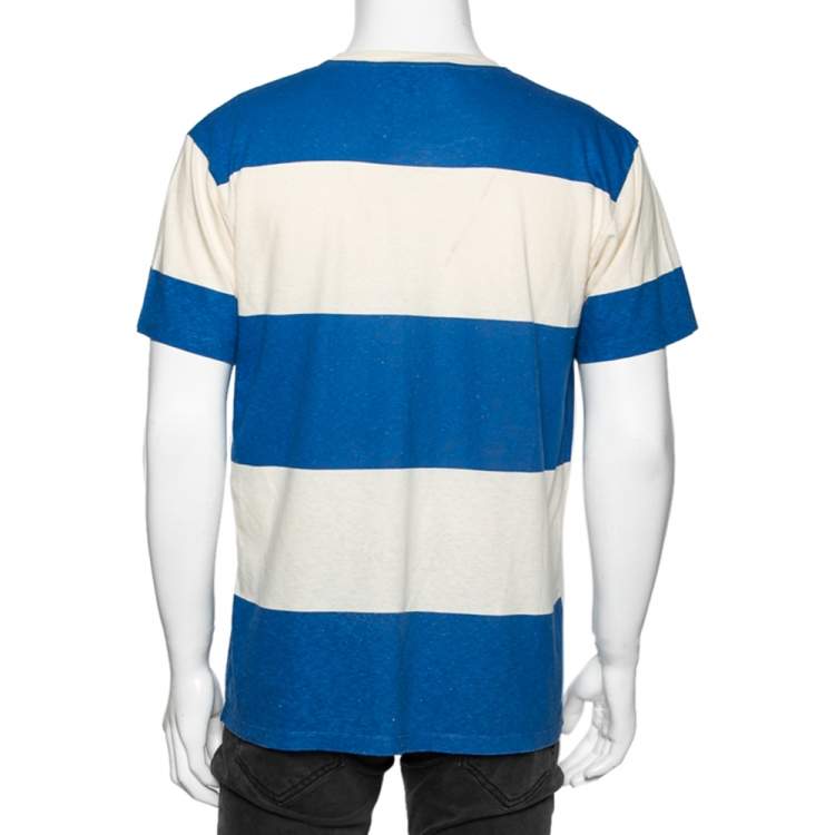 Pre Owned Gucci White & Blue Striped Logo Printed Cotton T Shirt S