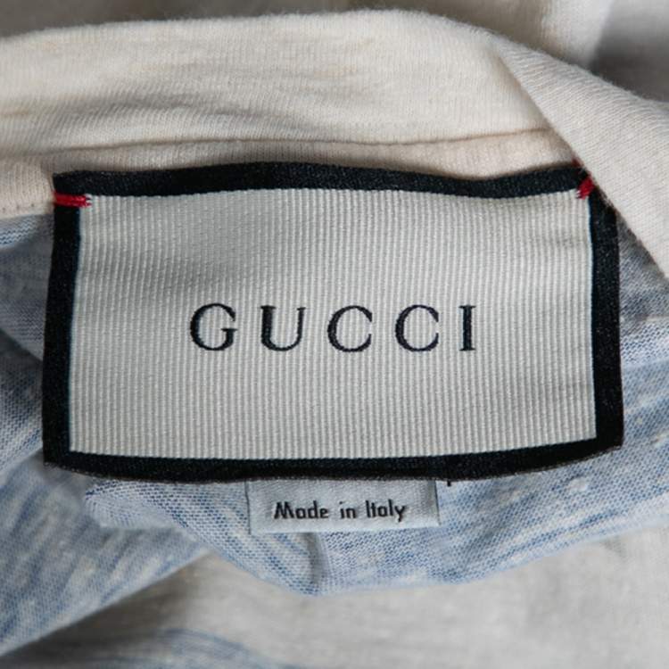 Pre Owned Gucci White & Blue Striped Logo Printed Cotton T Shirt S