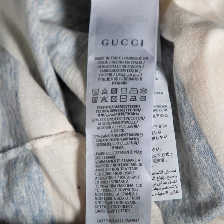 Pre Owned Gucci White & Blue Striped Logo Printed Cotton T Shirt S